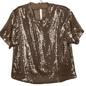 EVERY Sequin Top M Short Sleeve Metallic Champagne Gold Party Holiday Blouse